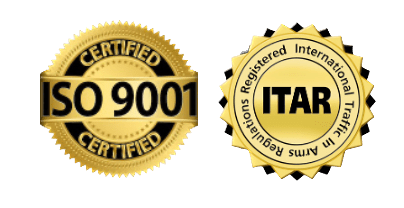 Two gold certification badges are shown: one for ISO 9001 certification and the other for ITAR (International Traffic in Arms Regulations) registration.