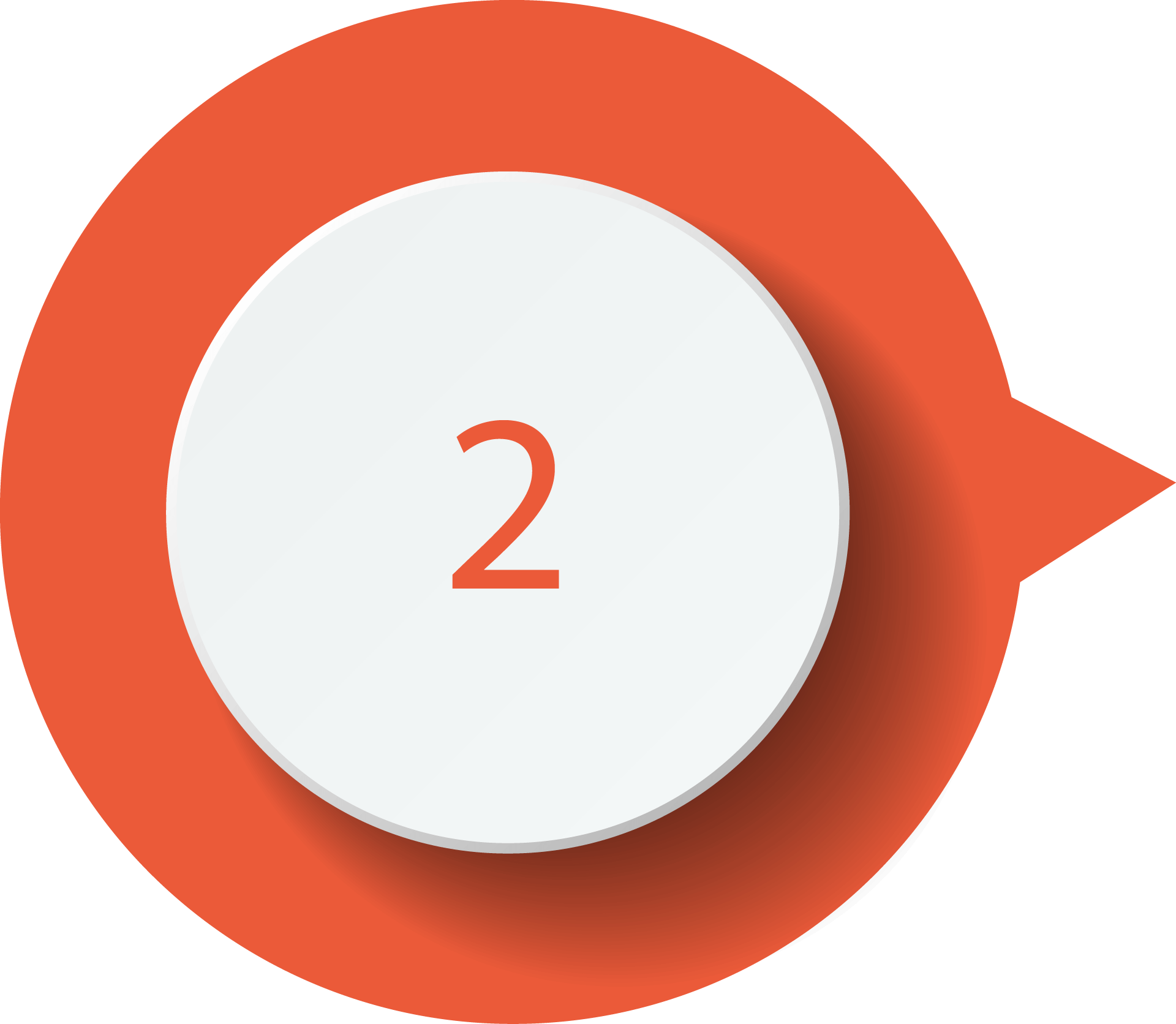 A circular white button with the number 2 is centered on an orange speech bubble background