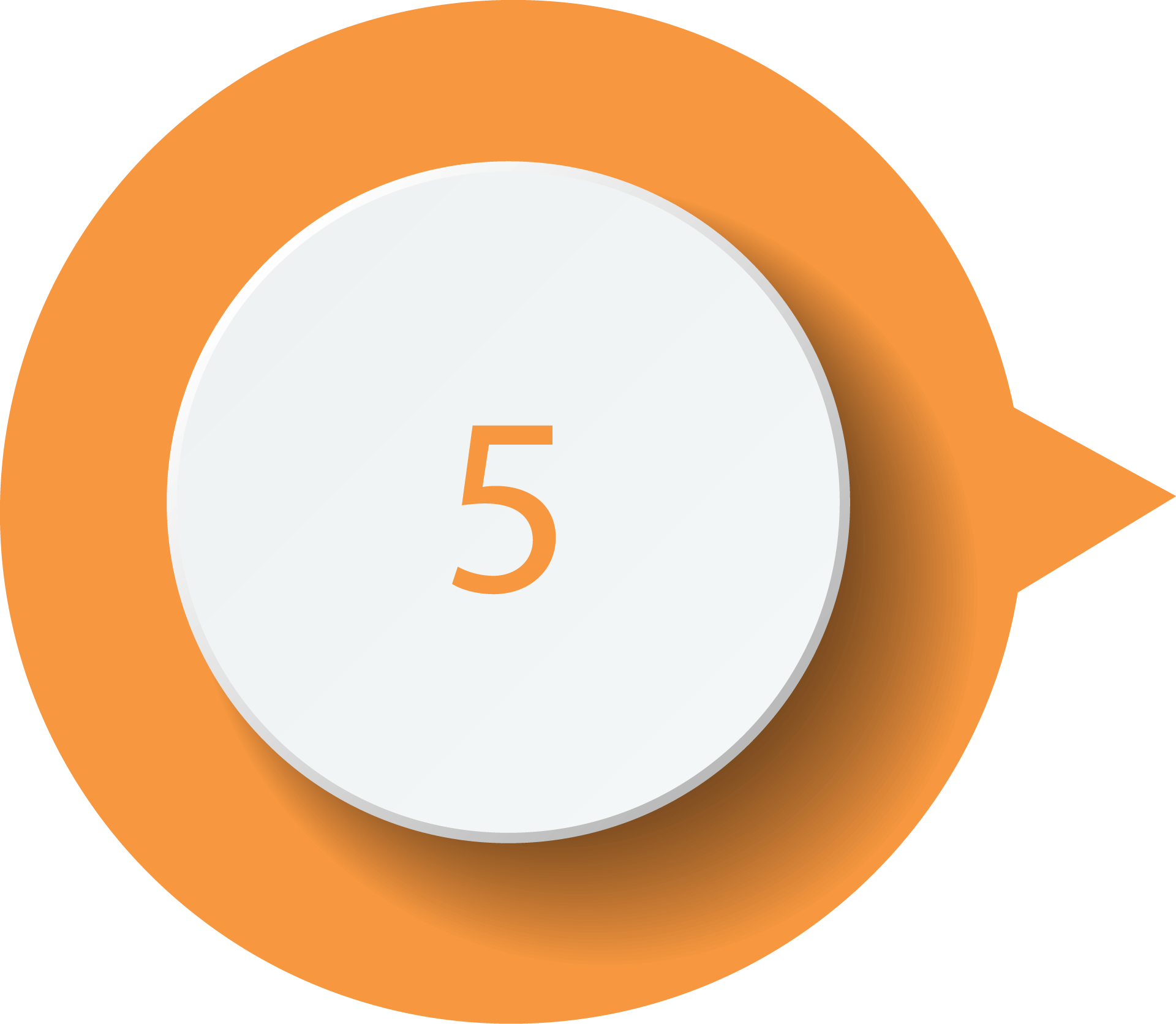 A circular white button with the number 5 is centered on an orange speech bubble background