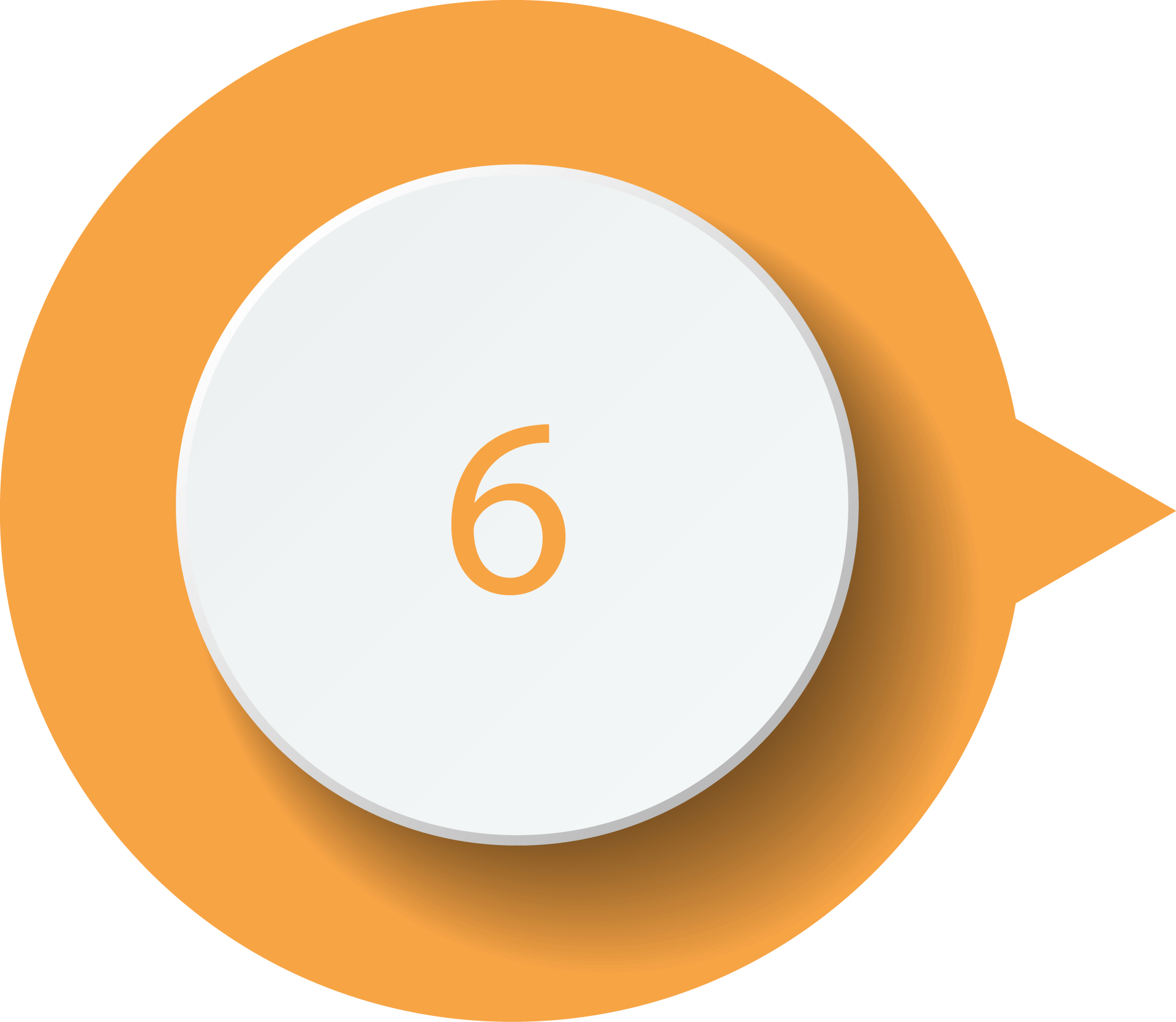 A circular white button with the number 6 is centered on an orange speech bubble background